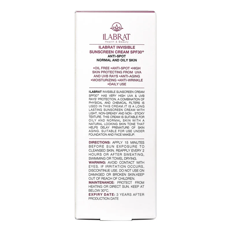 کرم ضدآفتاب بی‌رنگ ایلابرت، SPF 30، مدل ضد لک 30 پلاس، مناسب پوست‌های معمولی و چرب با حجم 40 میلی‌لیتر، محافظت‌کننده در برابر اشعه‌های UVA و PA ،UVB+++، ضد لک و پیری، دارای فرمولاسیون فاقد چربی، با ماندگاری 2 ساعته