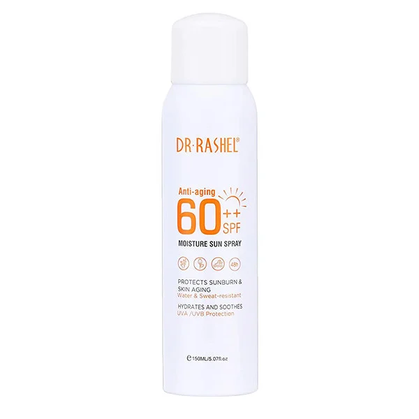 اسپری ضد آفتاب بدون رنگ دکتر راشل SPF 60 مدل anti aging ‌مناسب برای انواع پوست حجم 150 میلی‌لیتر