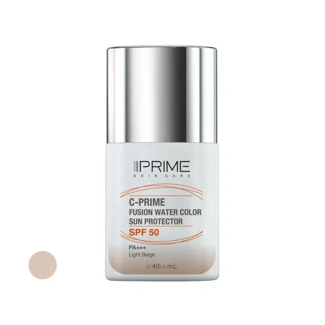 فلوئید ضد آفتاب رنگی پرایم، SPF 50، مدل فیوژن واتر، مناسب انواع پوست با تنالیته روشن و حجم 40 میلی لیتر، محافظت‌کننده در برابر اشعه‌های PA++++ ،UVA ،UVB، دارای فرمولاسیون فاقد چربی، ویتامین سی و آنتی اکسیدان، با ماندگاری 4 ساعته