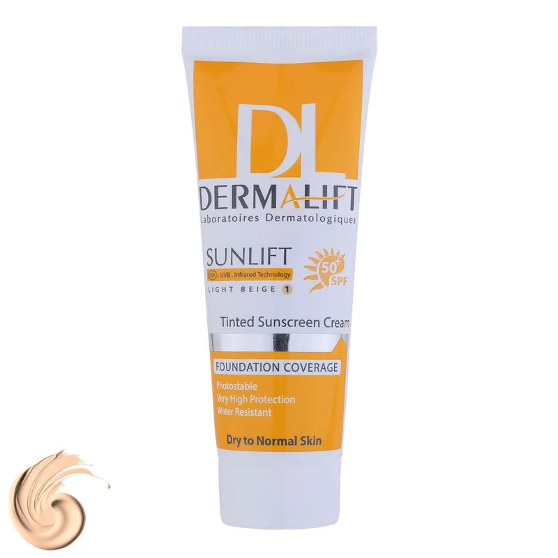کرم ضد آفتاب رنگی درمالیفت، SPF50، مدل سانلیفت، مناسب پوست خشک و معمولی تنالیته رنگ روشن و حجم 40 میلی‌لیتر، محافظت کننده در برابر اشعه UVA، UVB و IR، مقاوم در برابر آب، دارای فرمولاسیون شیمیایی، با ماندگاری 3 ساعته