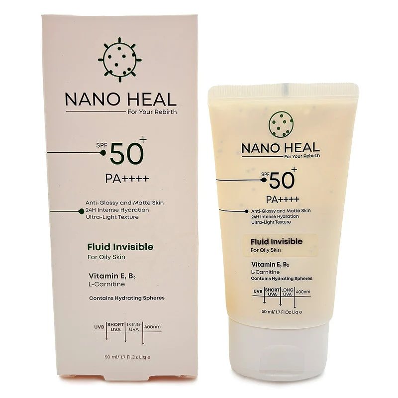 فلوئید ضد آفتاب نانوهیل SPF 50 مدل 002 ‌محافظ UVA ،UVB مناسب برای پوست‌های چرب حجم 50 میلی‌لیتر