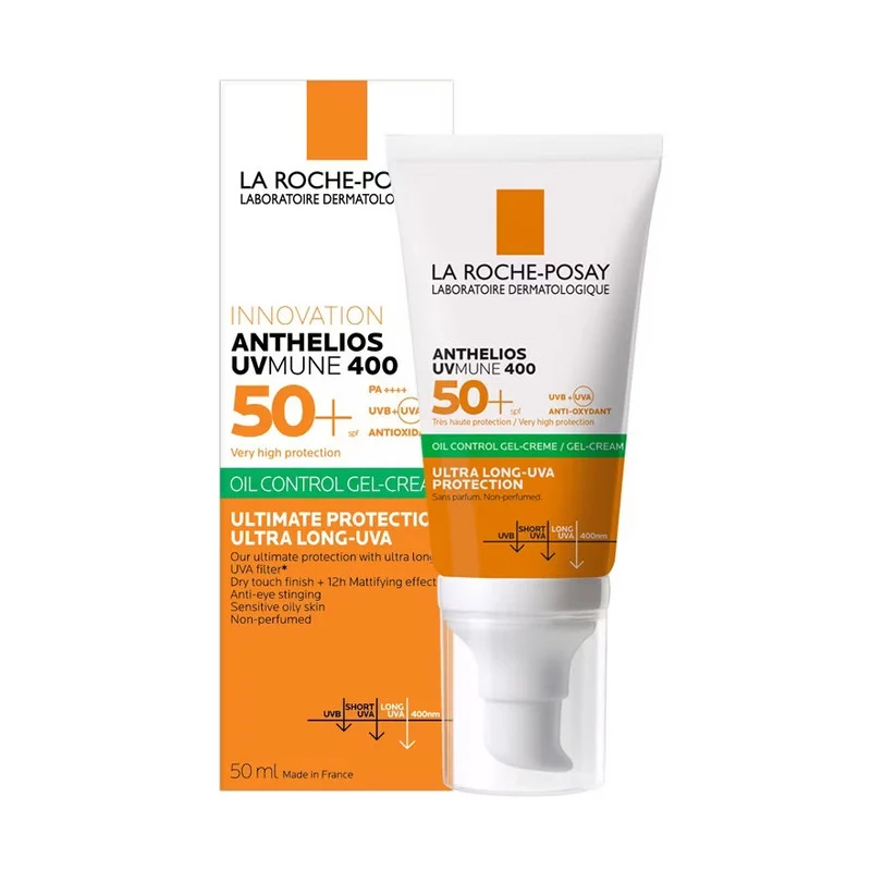 ژل کرم ضد آفتاب بی‌رنگ لاروش پوزای، SPF 50، مدل UVMune400 OilControl، مناسب پوست‌های چرب، حساس و مختلط با حجم 50 میلی‌لیتر، ضد آب، محافظت‌کننده در برابر اشعه‌های UVA و PA ،UVB++++، ضد لک، دارای فرمولاسیون فاقد چربی و آنتی اکسیدان، با ماندگاری 2 ساعته