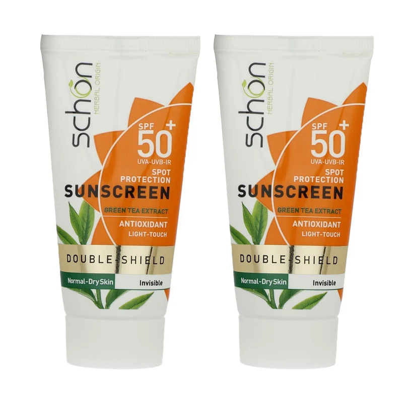 کرم ضد آفتاب بدون رنگ شون spf50 مدل دابل شیلد مناسب انواع پوست حجم 50 میلیلیتر بسته دو عددی