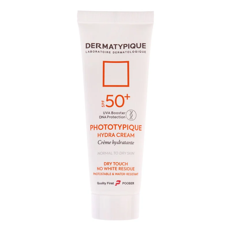 فلوئید ضد آفتاب بدون رنگ درماتیپیک مدل hydra cream محافظ UVA،UVB مناسب برای پوست خشک حجم 40 میلی لیتر