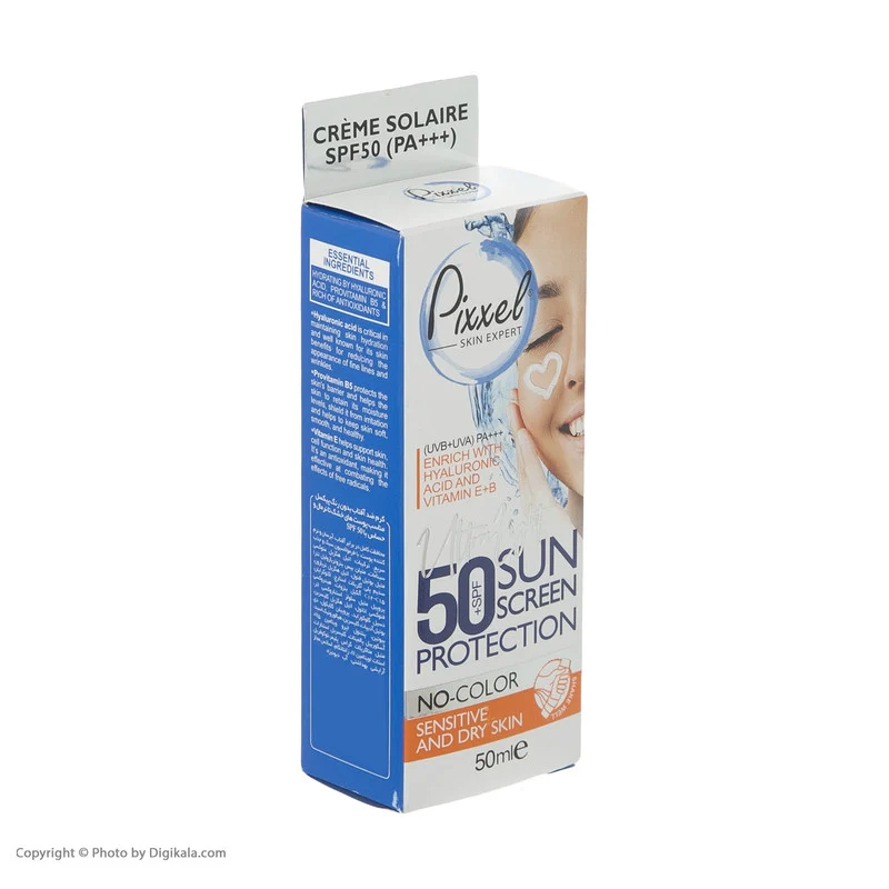 کرم ضدآفتاب بی‌رنگ پیکسل SPF50 مدل Sensitive، مناسب پوست‌های خشک و حساس، حجم 50 میلی‌لیتر