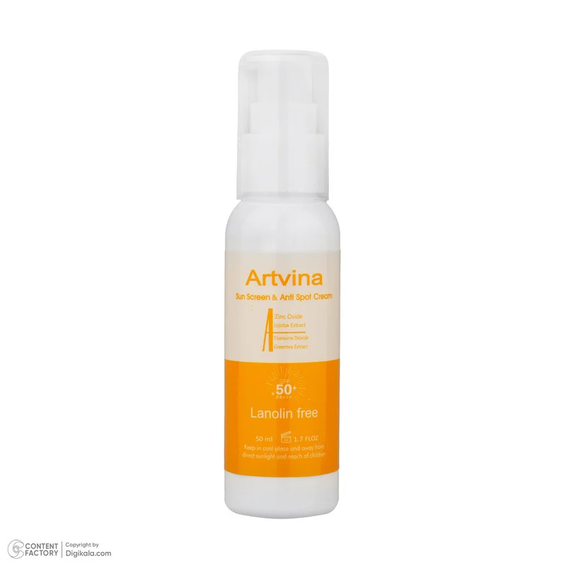 کرم ضد آفتاب بی‌رنگ صورت آرت وینا SPF 50 مدل Lanolin Free ‌محافظ +++PA مناسب برای انواع پوست حجم 50 میلی‌لیتر