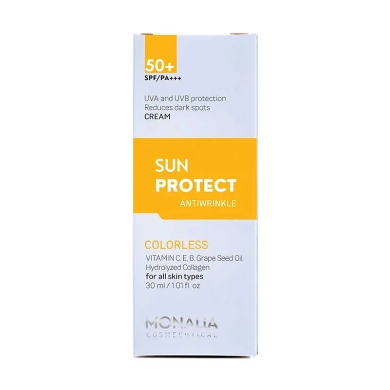 کرم ضد آفتاب بیرنگ مونالیا، 50 SPF، مدل SUNPROTECT، مناسب انواع پوست با حجم 30 میلیلیتر، محافظتکننده در برابر اشعههای UVA و UVB، ضد آب، PA+++، ضد چروک، دارای فرمولاسیون کلاژن، ویتامینهای E، C و B، بدون پارابن، الکل و چربی، با ماندگاری 3 ساعته