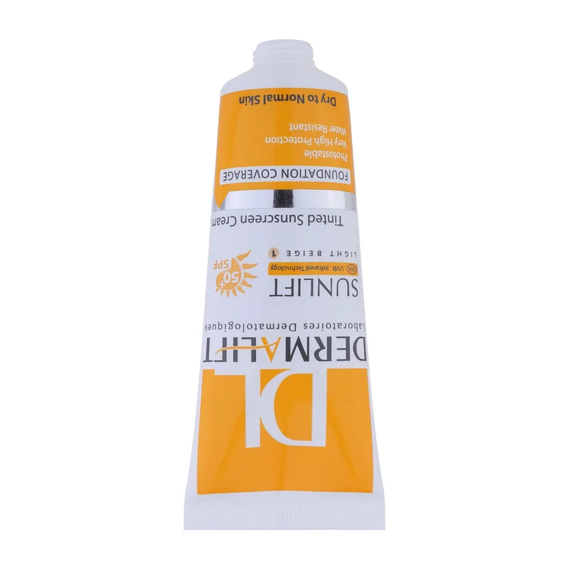 کرم ضد آفتاب رنگی درمالیفت، SPF50، مدل سانلیفت، مناسب پوست خشک و معمولی تنالیته رنگ روشن و حجم 40 میلی‌لیتر، محافظت کننده در برابر اشعه UVA، UVB و IR، مقاوم در برابر آب، دارای فرمولاسیون شیمیایی، با ماندگاری 3 ساعته