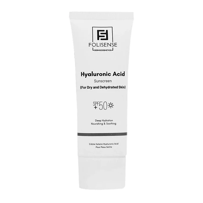 کرم ضد آفتاب بی‌رنگ صورت فولیسنس SPF 50 مدل هیالورونیک اسید محافظ در برابر UVA،UVB ‌مناسب برای پوست خشک و حساس حجم 40 میلی‌لیتر
