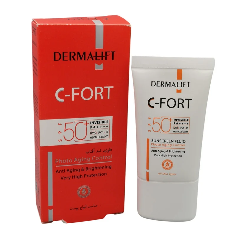 فلوئید ضد آفتاب بی رنگ درمالیفت SPF 50 مدل C-Fort ‌محافظ UVA ،UVB و PA++++، حاوی ویتامین C، ضد پیری، مناسب انواع پوست‌ حجم 40 میلی‌لیتر