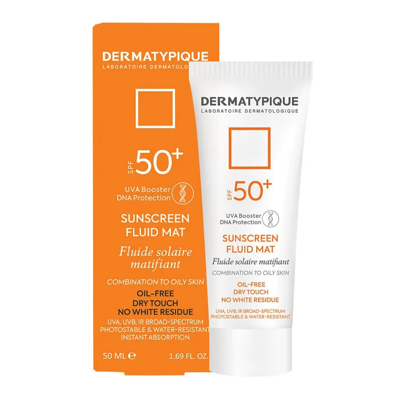 فلوئید ضد آفتاب بی‌رنگ صورت درماتیپیک SPF50 مدل FLUID MAT محافظ در برابر UVA,UVB مناسب برای پوست چرب حجم 50 میلی لیتر
