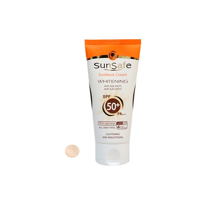 كرم ضد آفتاب رنگی سان سيف، مدل SPF50، مناسب انواع پوست تنالیته رنگ روشن و حجم 50 میلی‌لیتر، محافظت کننده در برابر اشعه UVA و UVB، مرطوب کننده، +++ PA، ضد لک، روشن کننده، ضد چروک، دارای فرمولاسیون فیزیکی، با ماندگاری 2 ساعته