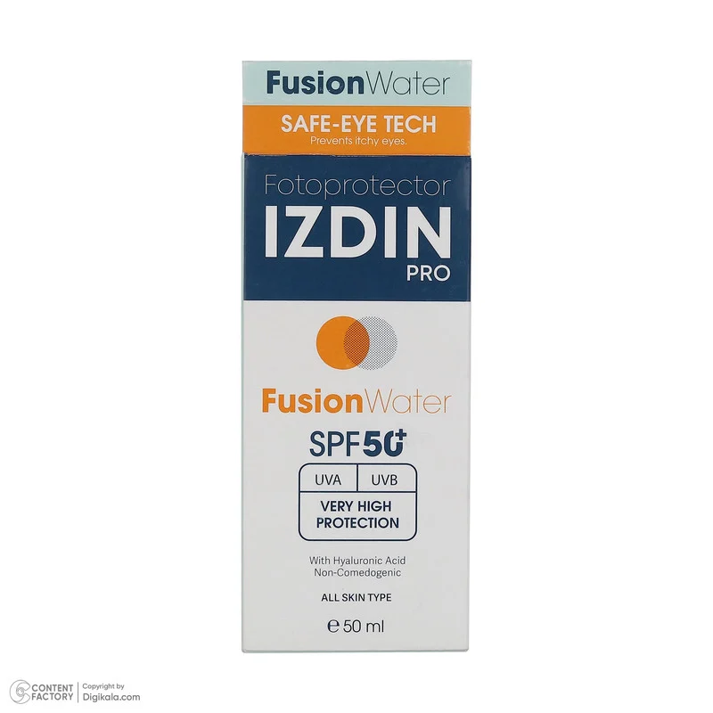 فلوئید ضد آفتاب بی‌رنگ صورت و گردن ایزدین پرو SPF 50 مدل Fusion Water ‌محافظ در برابر اشعه UVA و UVB مناسب برای انواع پوست حجم 50 میلی‌لیتر