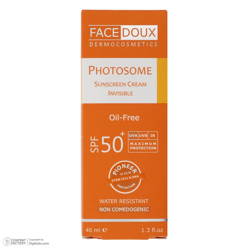 کرم ضد آفتاب بدون رنگ فیس دوکس SPF 50 مدل فوتوزوم محافظ اشعه UVA و UVB، ضد آب مناسب پوست چرب حجم 40 میلیلیتر
