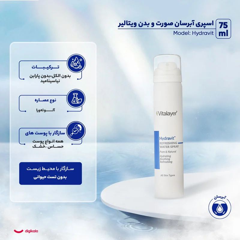 اسپری آبرسان صورت و بدن ویتالیر مدل Hydravit مناسب برای انواع پوست حجم 75 میلی لیتر