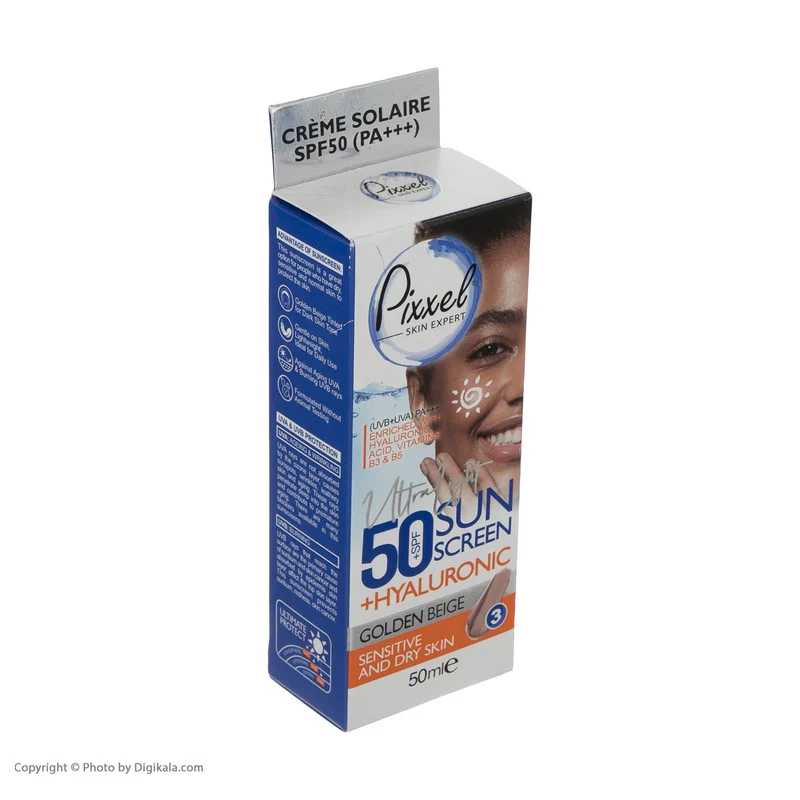 کرم ضد آفتاب رنگی پیکسل، 50 SPF، مدل GOLDEN BEIGE، مناسب پوست نرمال، خشک و حساس تنالیته رنگ تیره و حجم 50 میلی‌لیتر، محافظت کننده در برابر اشعه UVA و UVB، ضد حساسیت، +++ PA، آبرسان، با ماندگاری 2 ساعته