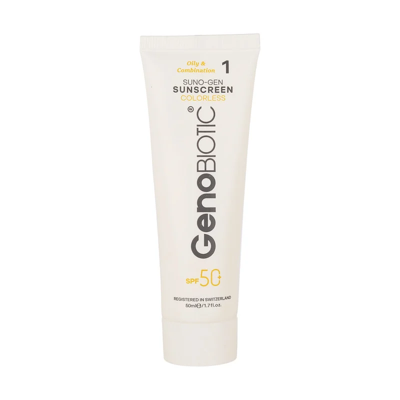 کرم ضدآفتاب بی‌رنگ ژنوبایوتیک SPF50 مدل 01 محافظ UVA ،UVB، مناسب پوست‌های مختلط و چرب، حجم 50 میلی‌لیتر