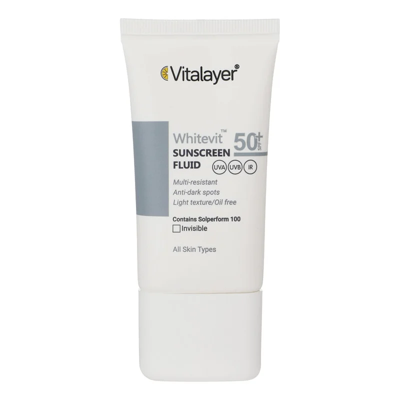 فلوئید ضدآفتاب بی‌رنگ ویتالیر SPF50 مدل Whitevit مناسب انواع پوست، حجم 50 میلی‌لیتر