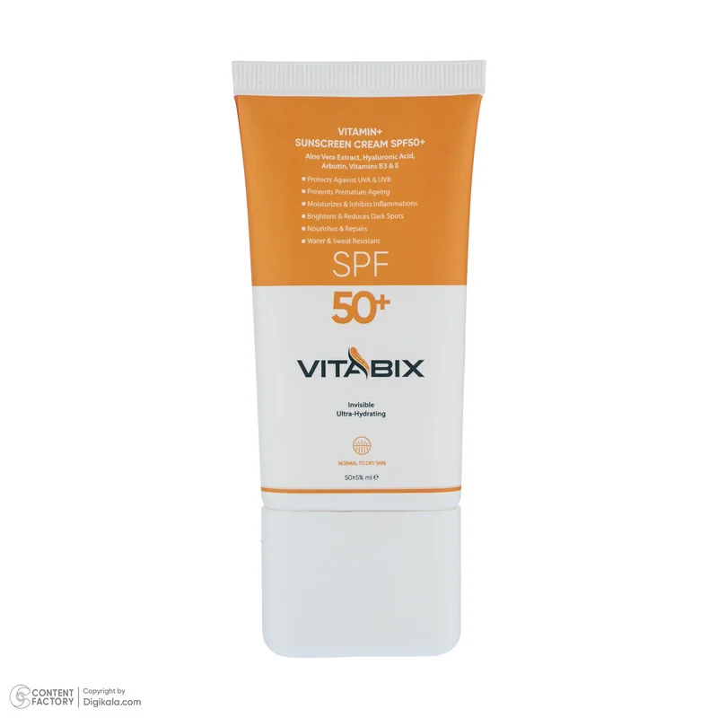 کرم ضد آفتاب بدون رنگ ویتابیکس SPF 50 مدل +Vitamin مناسب پوست خشک حجم 50 میلیلیتر محافظتکننده اشعه UVA و UVB، بدون تست حیوانی، با ماندگاری 2 ساعته