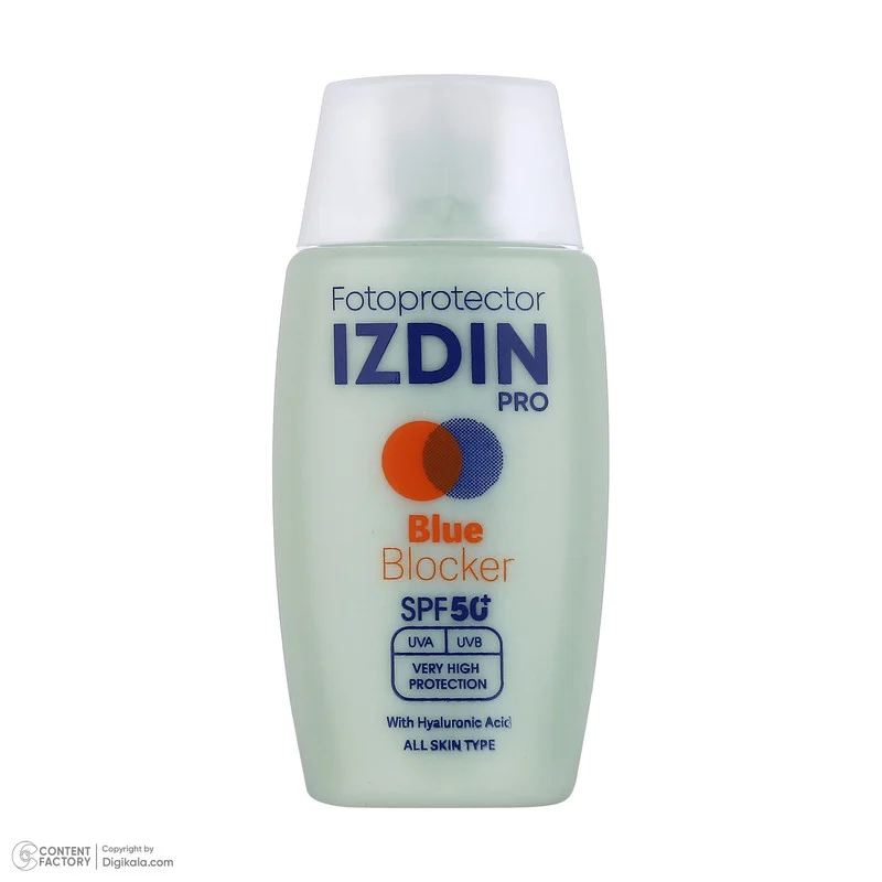 فلوئید ضد آفتاب بیرنگ صورت و گردن ایزدین پرو SPF 50 مدل Blue Blocker محافظ در برابر اشعه UVA و UVB مناسب برای انواع پوست حجم 50 میلیلیتر