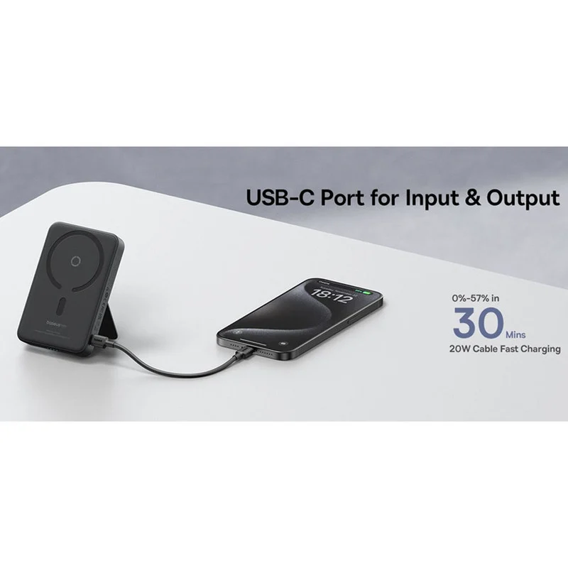 پاوربانک بی‌سیم 20 وات بیسوس مدل MagPro Magnetic Bracket 20w با ظرفیت 5000 میلی آمپر ساعت به همراه کابل USB-C به USB-C
