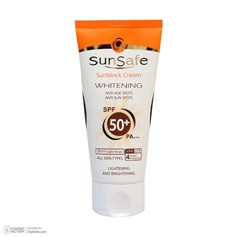 كرم ضد آفتاب رنگی سان سيف، مدل SPF50، مناسب انواع پوست تنالیته رنگ روشن و حجم 50 میلی‌لیتر، محافظت کننده در برابر اشعه UVA و UVB، مرطوب کننده، +++ PA، ضد لک، روشن کننده، ضد چروک، دارای فرمولاسیون فیزیکی، با ماندگاری 2 ساعته