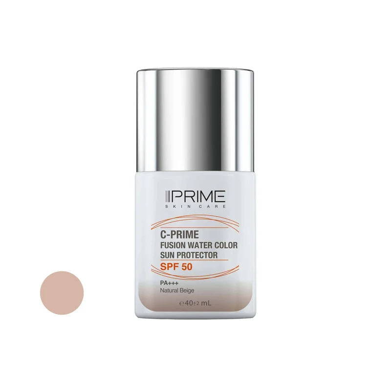 فلوئید ضد آفتاب رنگی پرایم، SPF 50، مدل فیوژن واتر، مناسب انواع پوست با تنالیته متوسط و حجم 40 میلی لیتر، محافظت‌کننده در برابر اشعه‌های PA++++ ،UVA ،UVB، دارای فرمولاسیون فاقد چربی، ویتامین سی و آنتی اکسیدان، با ماندگاری 4 ساعته