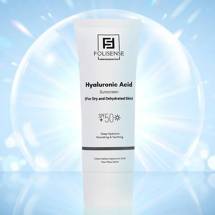 کرم ضد آفتاب بی‌رنگ صورت فولیسنس SPF 50 مدل هیالورونیک اسید محافظ در برابر UVA،UVB ‌مناسب برای پوست خشک و حساس حجم 40 میلی‌لیتر