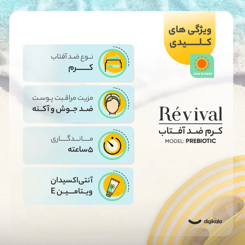 کرم ضد آفتاب بی‌رنگ کلکسیون رویوال، spf 50، مدل prebiotic، ‌مناسب پوست‌های چرب و مختلط با حجم 50 میلی‌لیتر، محافظت‌کننده در برابر اشعه‌های UVA و PA ،UVB+++، ضد جوش و آکنه، دارای فرمولاسیون آنتی اکسیدان، نیاسینامید و ویتامین E، با ماندگاری 5 ساعته