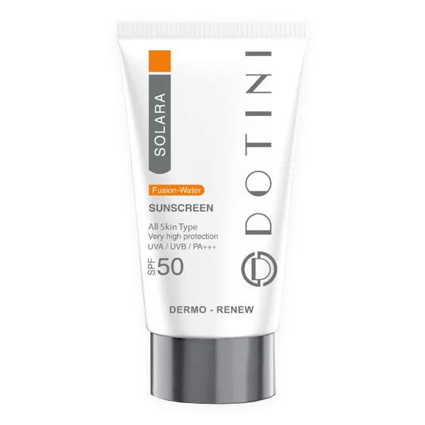 کرم ضد آفتاب بی‌رنگ دوتینی، SPF 50، مدل فیوژن واتر، ‌مناسب انواع پوست با حجم 50 میلی‌لیتر، محافظت‌کننده در برابر اشعه‌های UVA و PA ،UVB+++، دارای فرمولاسیون هیالورونیک اسید، ویتامین‌های C و E، با ماندگاری 2 ساعته