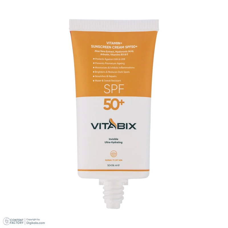 کرم ضد آفتاب بدون رنگ ویتابیکس SPF 50 مدل +Vitamin مناسب پوست خشک حجم 50 میلیلیتر محافظتکننده اشعه UVA و UVB، بدون تست حیوانی، با ماندگاری 2 ساعته