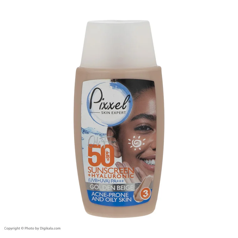 کرم ضد آفتاب رنگی پیکسل، SPF 50، مدل GOLDEN BEIGE، مناسب پوست‌های آکنه‌دار و چرب با تنالیته تیره و حجم 50 میلی‌لیتر، محافظت‌کننده در برابر اشعه‌های UVA و PA ،UVB+++، ضد جوش و آکنه، دارای فرمولاسیون فاقد چربی و هیالورونیک اسید، با ماندگاری 2 ساعته