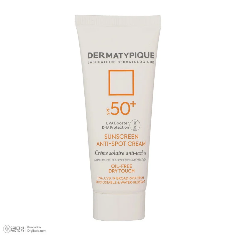کرم ضدآفتاب بی‌رنگ درماتیپیک SPF50 مدل Anti spot مناسب انواع پوست، حجم 40 میلی‌لیتر