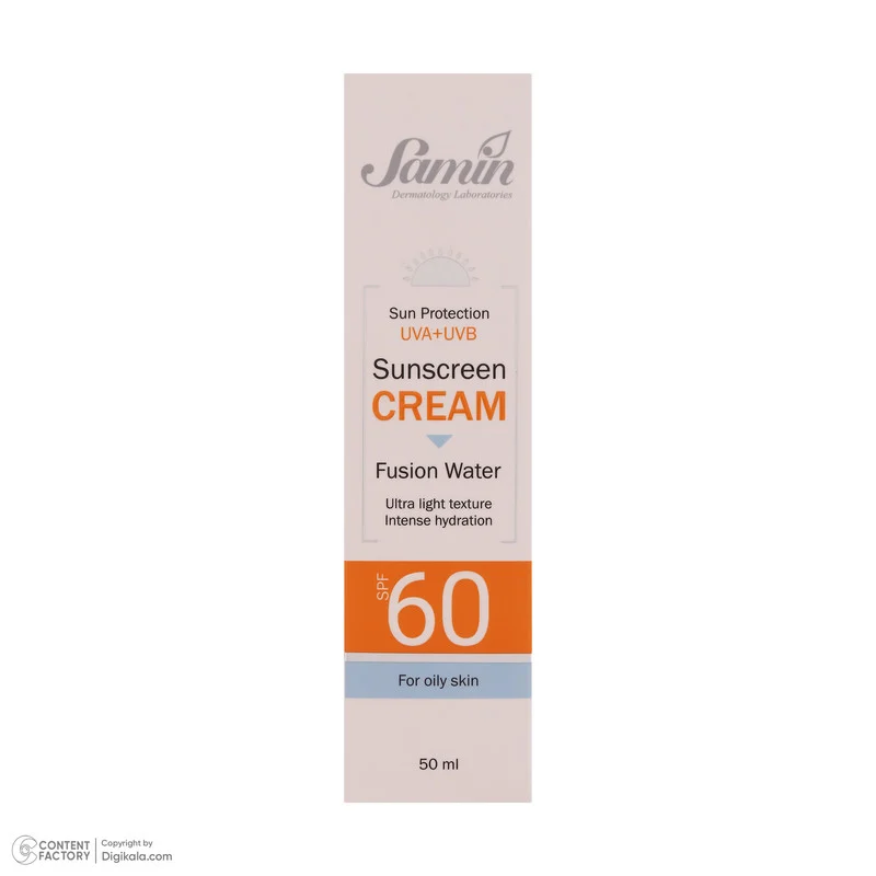 کرم ضد آفتاب بیرنگ صورت ثمین SPF 60 مدل Fusion Water محافظ UVA ، UVB مناسب برای پوست چرب حجم 50 میلی لیتر