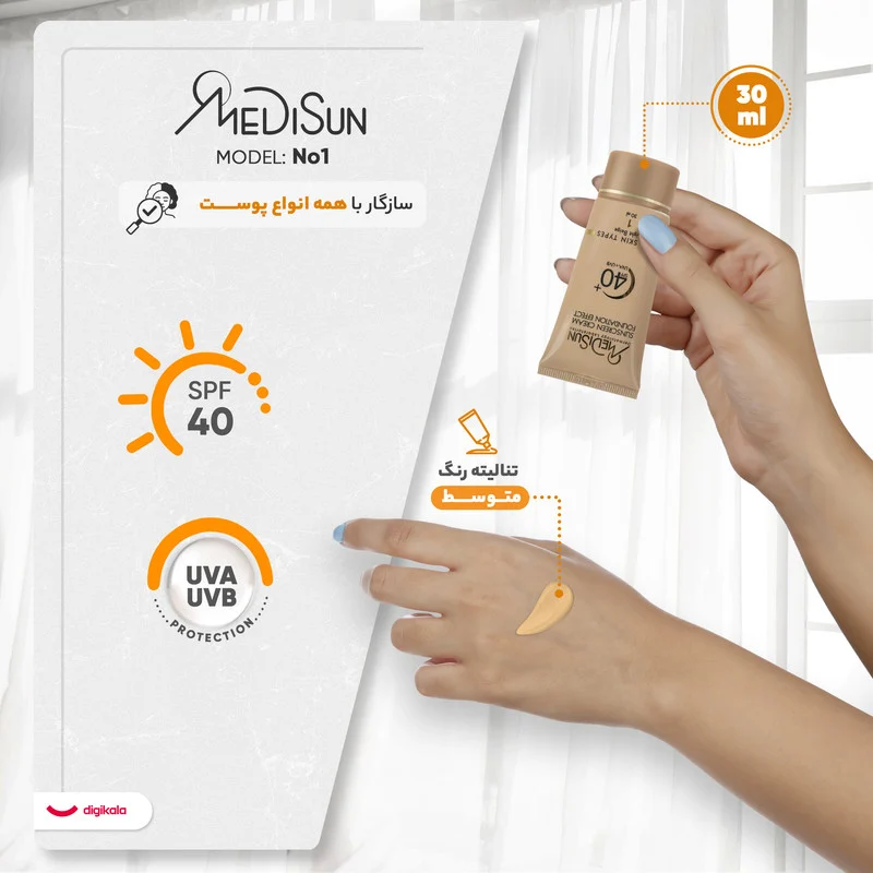 کرم ضد آفتاب رنگی مدیسان، SPF 40، مدل No1، مناسب انواع پوست با تنالیته متوسط و حجم 30 میلی‌لیتر، محافظت‌کننده در برابر اشعه‌های UVA و UVB، ضد چروک و پیری، دارای فرمولاسیون تیتانیوم دی اکساید و گلیسیرین، با ماندگاری 3 ساعته
