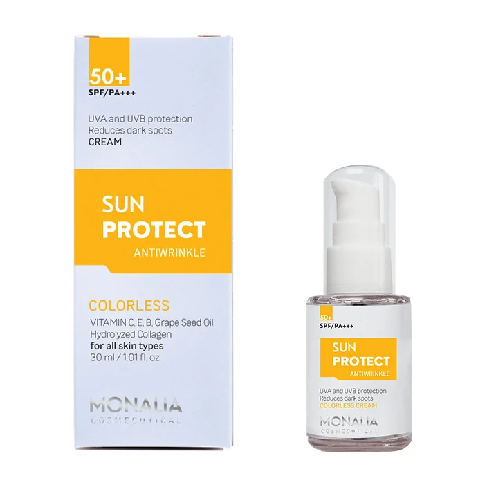 کرم ضد آفتاب بیرنگ مونالیا، 50 SPF، مدل SUNPROTECT، مناسب انواع پوست با حجم 30 میلیلیتر، محافظتکننده در برابر اشعههای UVA و UVB، ضد آب، PA+++، ضد چروک، دارای فرمولاسیون کلاژن، ویتامینهای E، C و B، بدون پارابن، الکل و چربی، با ماندگاری 3 ساعته